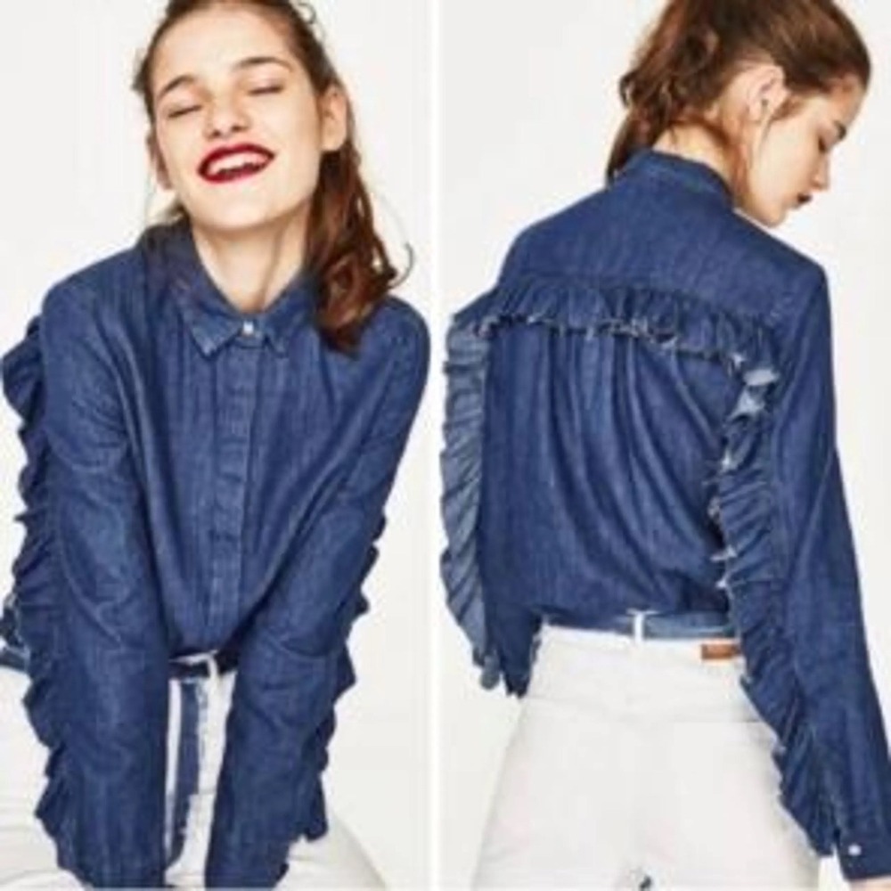 Zara Trafaluc Blue Denim Ruffle Frayed Button Down Shirt‎ XS